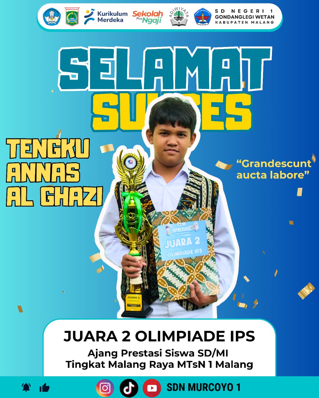 Prestasi Gemilang! Siswa SD Negeri 1 Gondanglegi Wetan Raih Juara 2 Olimpiade IPS Tingkat Malang Raya