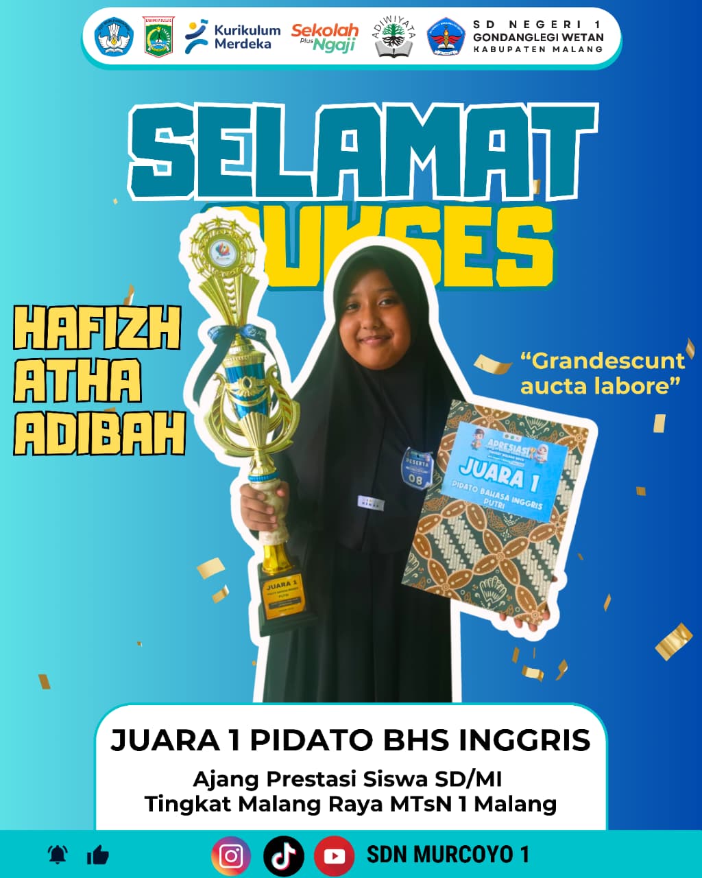 Prestasi Gemilang! Siswa SD Negeri 1 Gondanglegi Wetan Raih Juara 1 Pidato Bahasa Inggris Tingkat Malang Raya