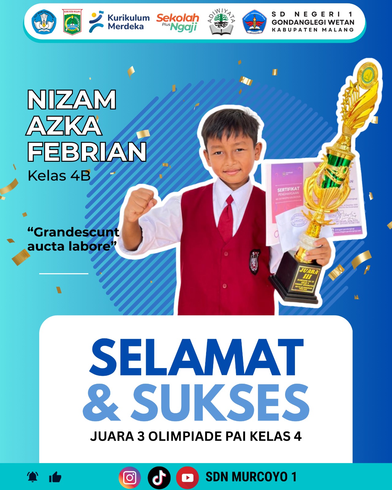 SD Negeri 1 Gondanglegi Wetan Raih Juara 3 Olimpiade PAI Kelas 4