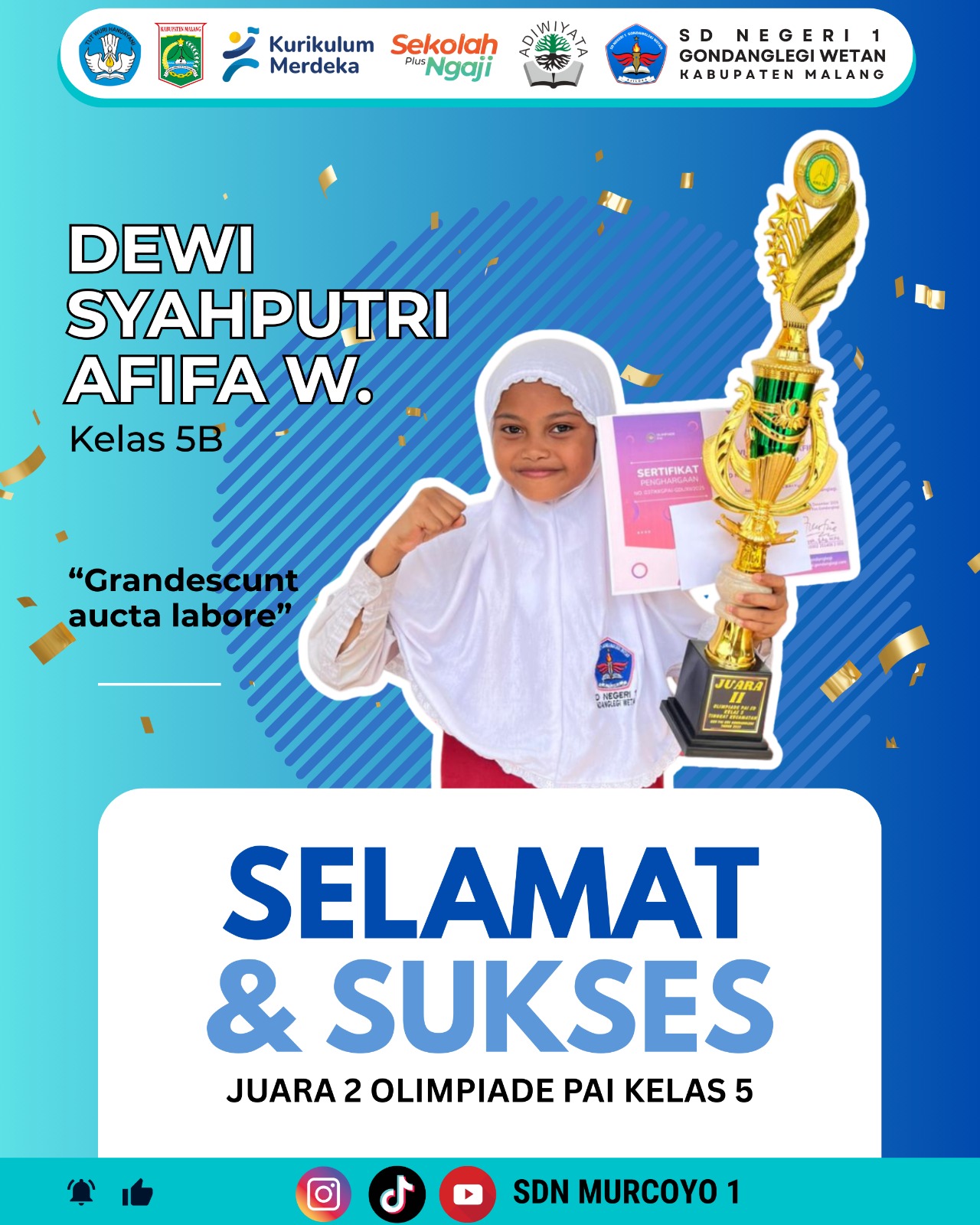 SD Negeri 1 Gondanglegi Wetan Raih Juara 2 Olimpiade PAI Kelas 5