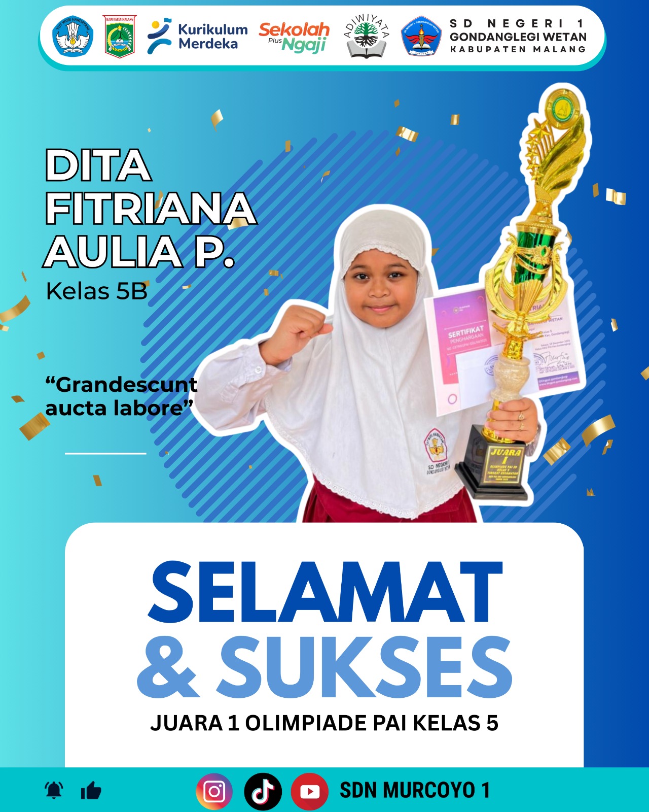 SD Negeri 1 Gondanglegi Wetan Raih Juara 1 Olimpiade PAI Kelas 5