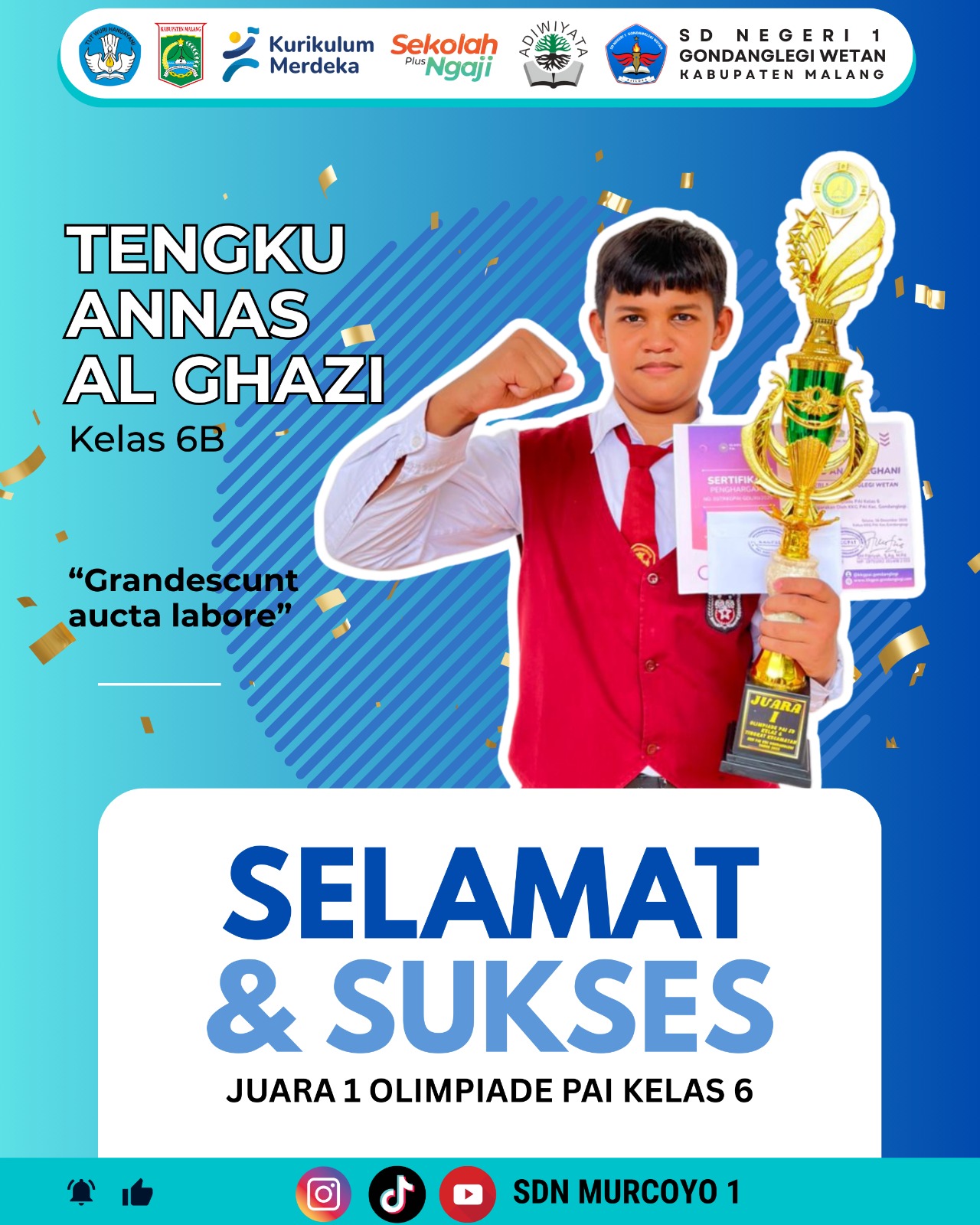 SD Negeri 1 Gondanglegi Wetan Raih Juara 1 Olimpiade PAI Kelas 6