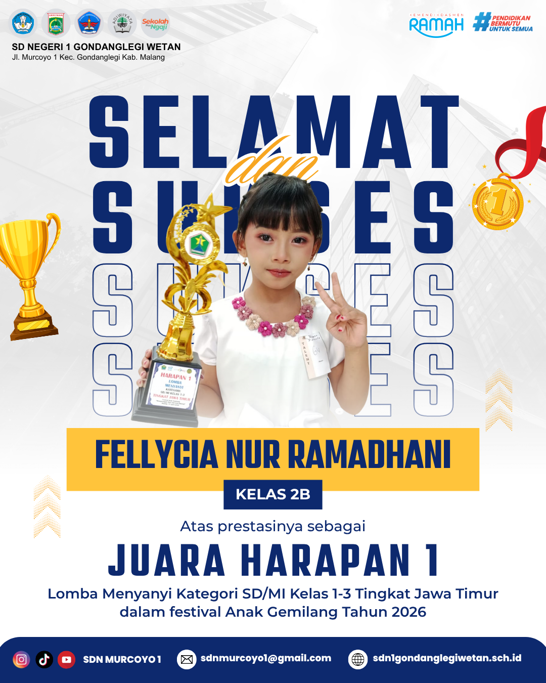 SD Negeri 1 Gondanglegi Wetan Raih Juara 1 Menyanyi