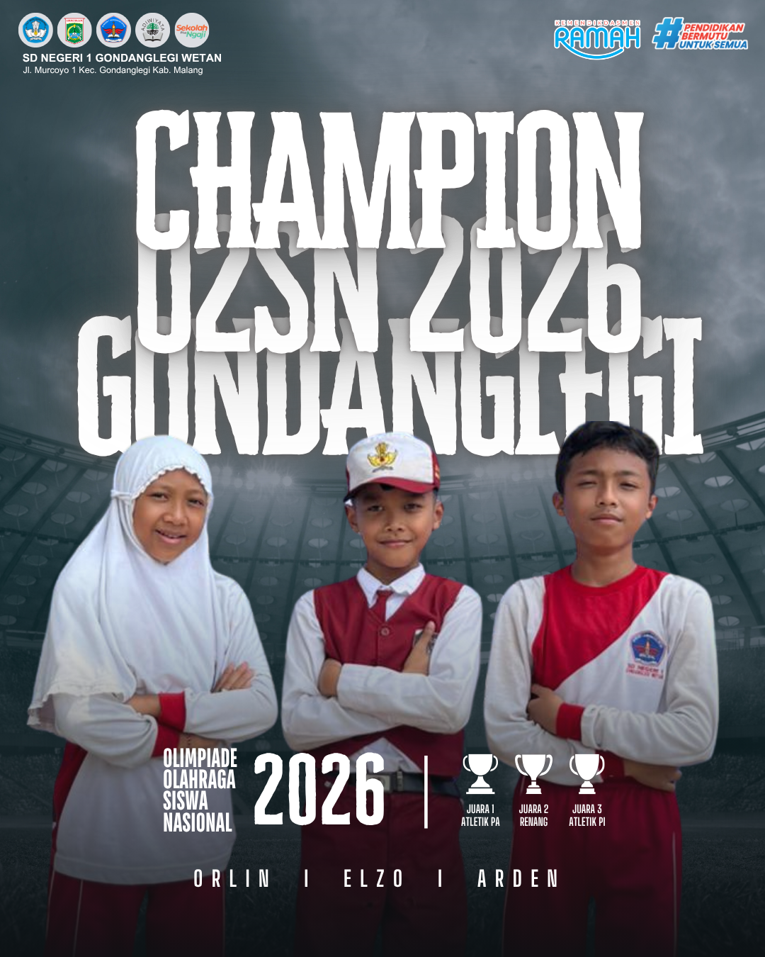 Prestasi Gemilang! SD Negeri 1 Gondanglegi Wetan Borong Kejuaran di Olimpiade Olahraga Siswa Nasional (O2SN) 2026