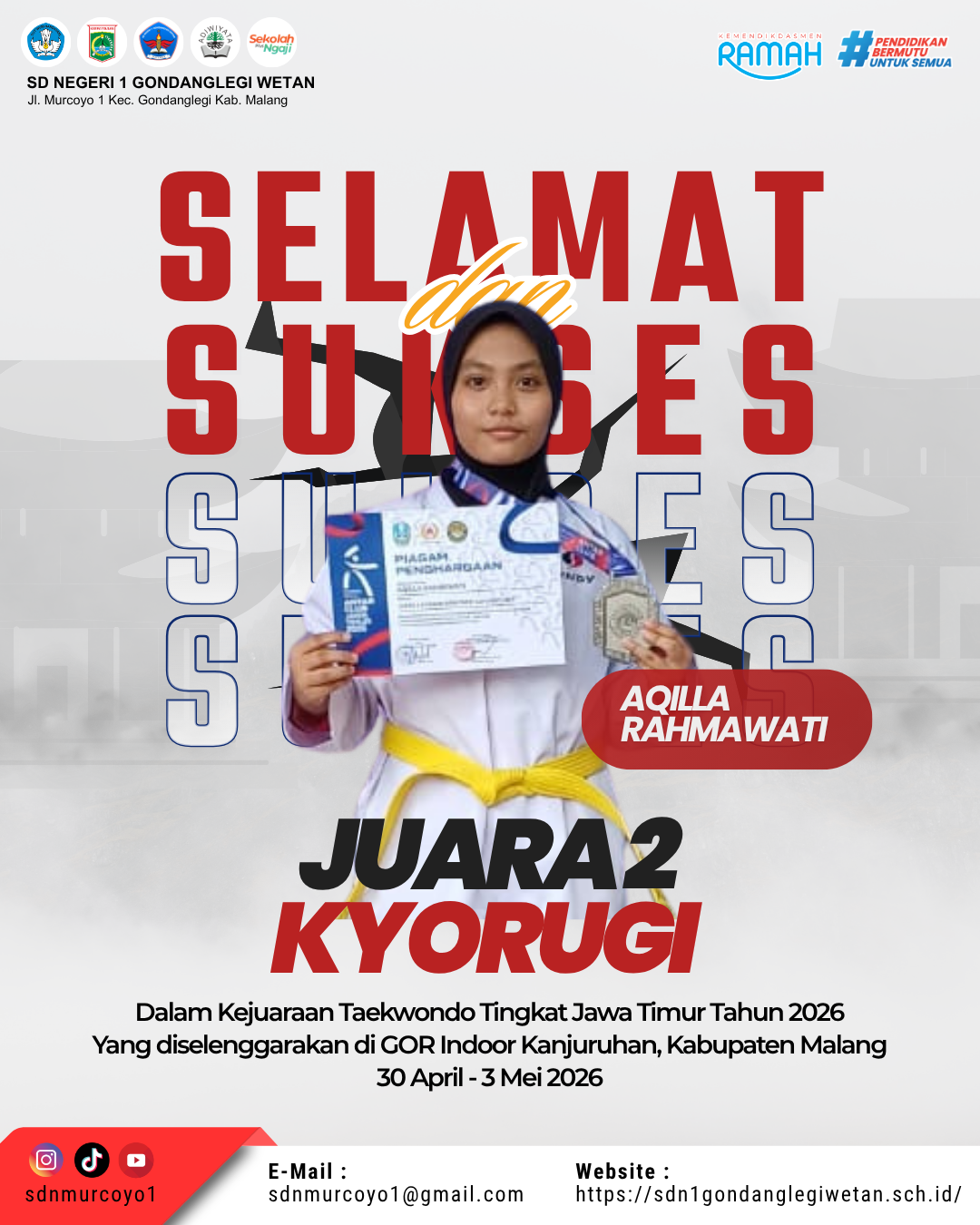 Aqilla Rahmawati Raih Juara 2 Taekwondo Tingkat Jawa Timur