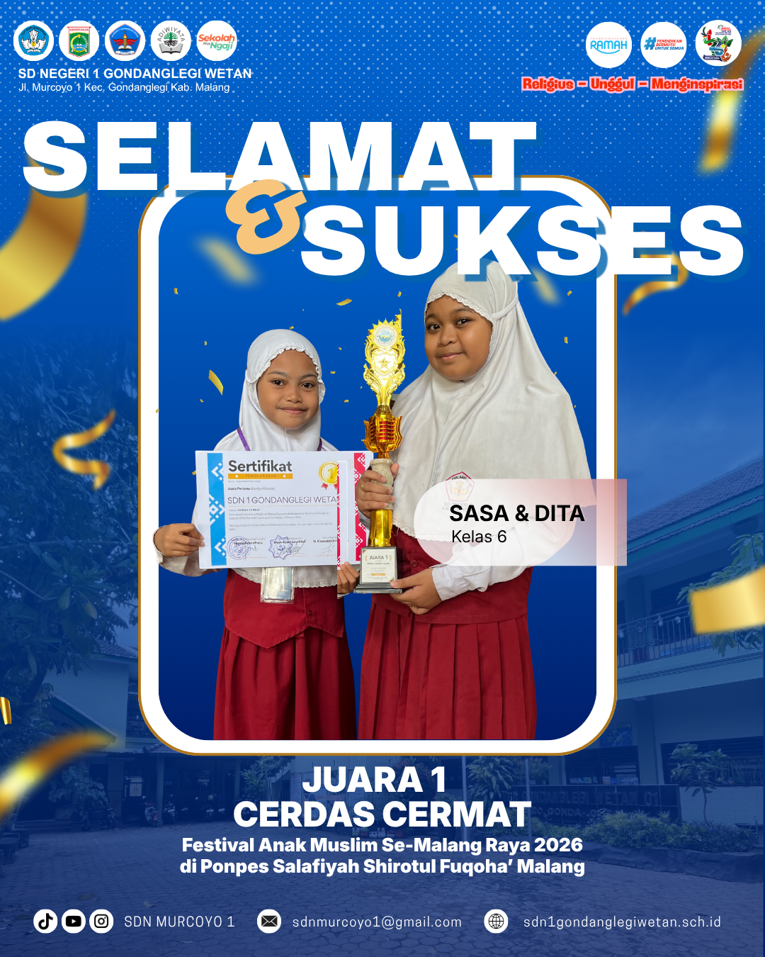 HADIR UNTUK MENGINSPIRASI, SISWA SD NEGERI 1 GONDANGLEGI WETAN RAIH PRESTASI DI FESTIVAL ANAK MUSLIM SE-MALANG RAYA 2026